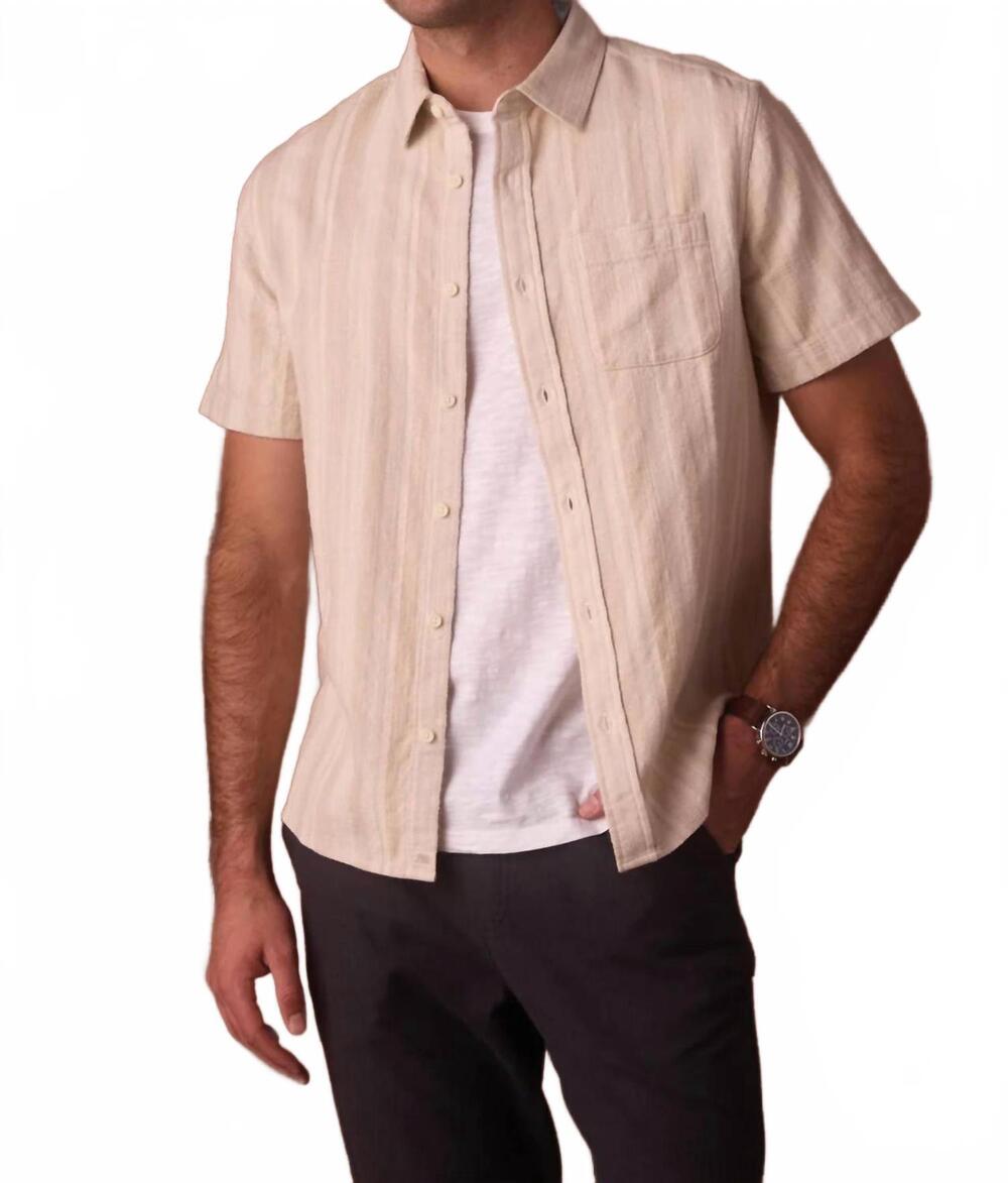 NEW THE NORMAL BRAND freshwater short sleeve button up shirt in sandstone stripe